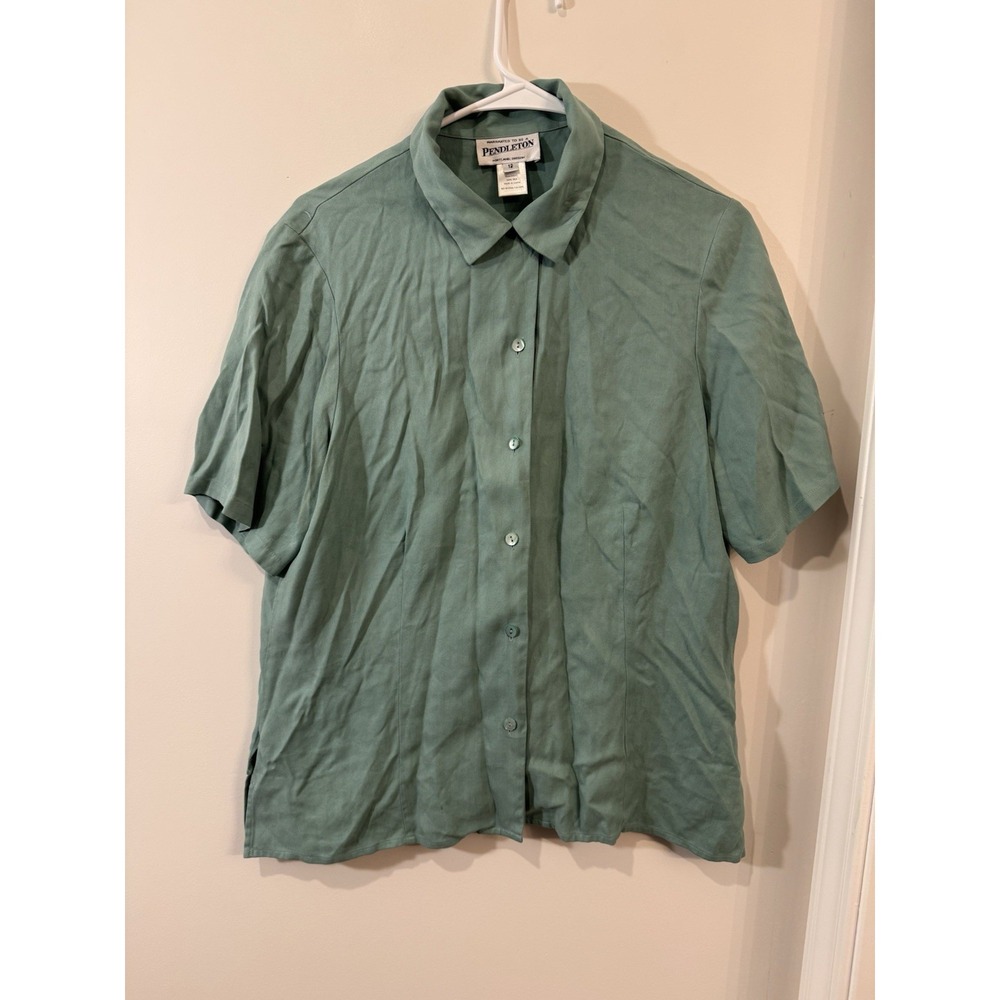 Pendleton Silk Top Womens Sz 12 Blouse Button‎ Up Shirt Green 100% Silk